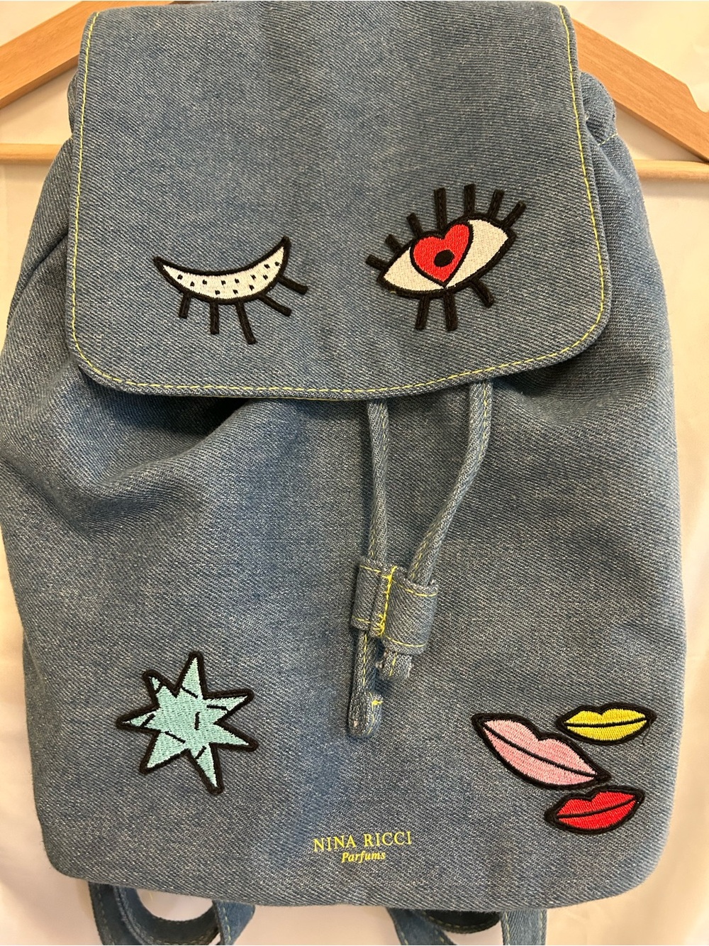 Nina Ricci Denim Patch Kids Backpack in Light Blue with Multicolor Patches